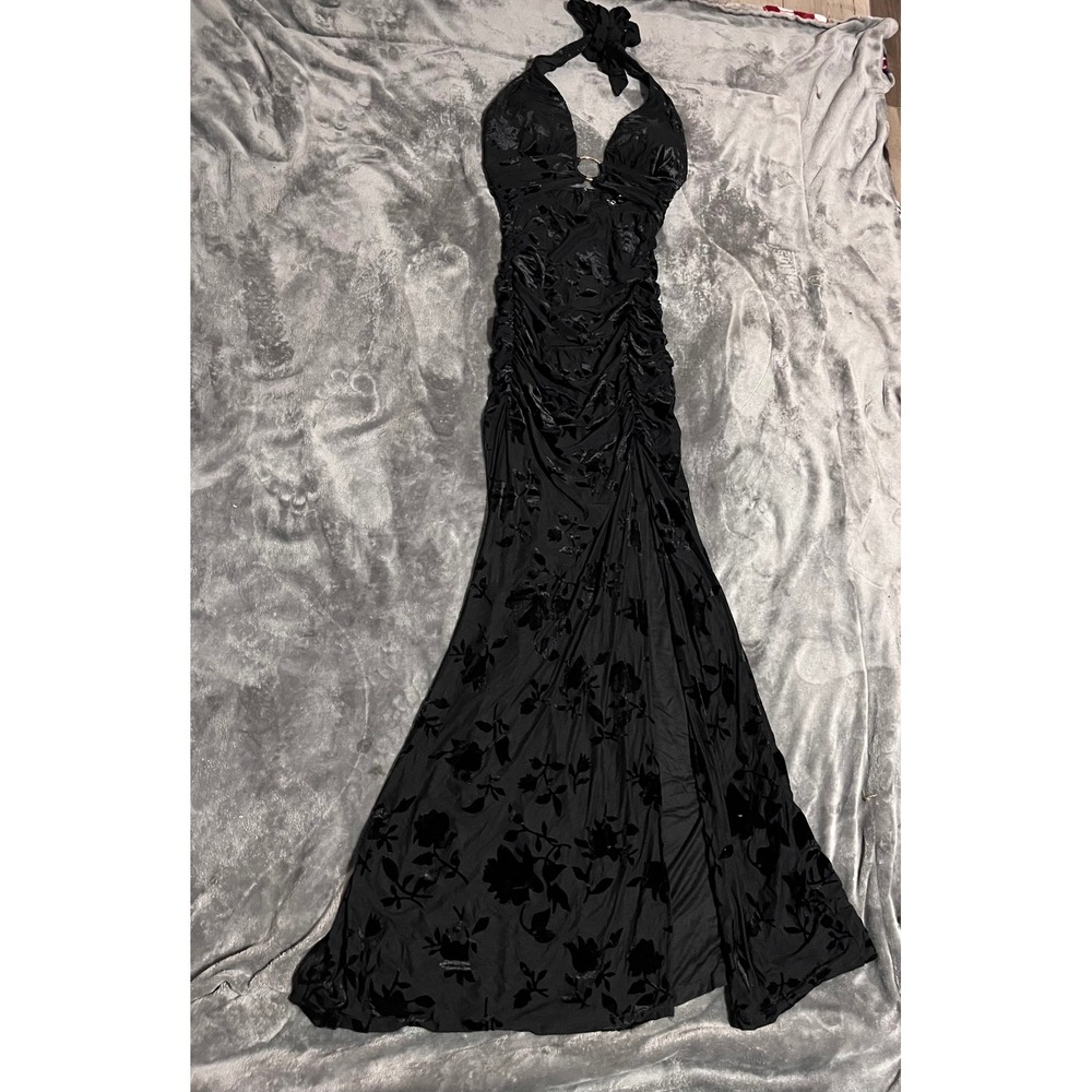 Windsor Black Burnout Velvet Floral Halter Maxi Dress Ruched Slit Gown Large